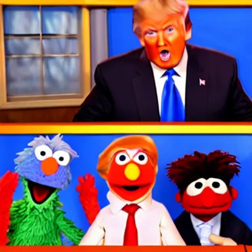 Prompt: Donald Trump as a puppet on Sesame Street, tv show, kids, funny,