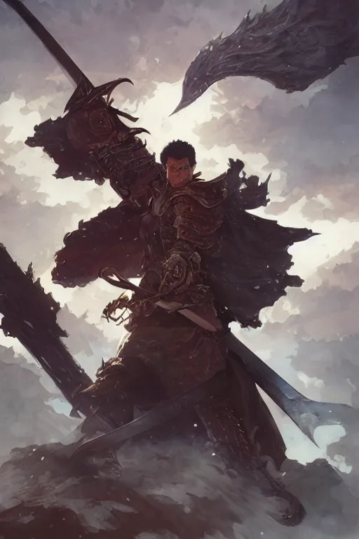 Prompt: Berserk Beruseruku with very big sword, D&D, fantasy, portrait, highly detailed, digital painting, artstation, concept art, sharp focus, illustration, art by greg rutkowski and alphonse mucha
