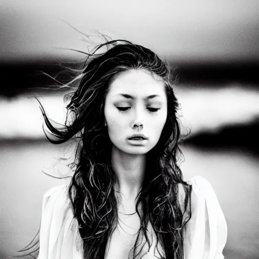 Prompt: A visibly melancholic sad and astonishingly beautiful woman in the middle of the ocean. beautiful face. detailed. gorgeous face features. tumultuous sea. cloudy. long wavy hair. long wavy white dress. black and white. 24mm lens. shutter speed 1/1. iso 150. f/2.8 W-1024