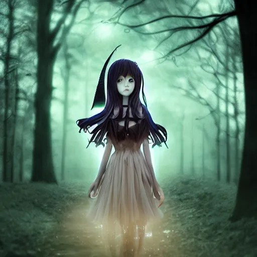 Image similar to focus portrait of beautiful darkness witch 3D anime girl, dark forest background, snowing, bokeh, inspired by Tim Burton, digital painting, unreal engine render, volumetric light, high détail