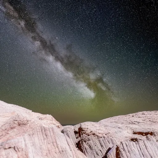 Image similar to Milky Way as seen in the night sky from stalagmite covered rock surface of an alien planet located in a different part of the galaxy, NASA true color 8k image, high detail