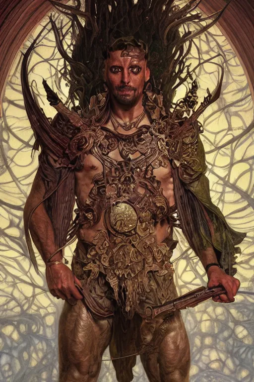 Image similar to portrait of the nostalgia critic as a herculian demon man, forest, full body, powerful, fantasy, intricate, elegant, highly detailed, digital painting, artstation, concept art, sharp focus, illustration, art by artgerm and greg rutkowski and alphonse mucha