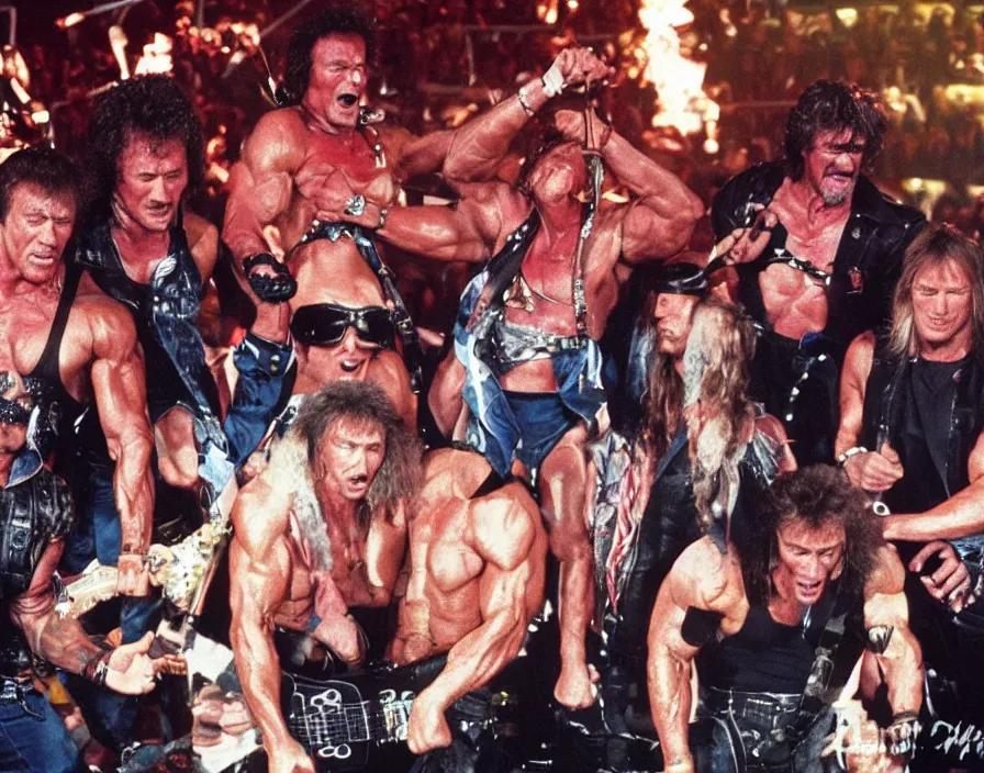 Image similar to colour photo off arnold schwarzenegger, sylvester stallone, dolph lundgren, Chuck Norris and Jean-Claude Van Damme in a heavy metal band, playing guitars, drums, on stage at monsters of rock 1992, pyrotechnics, smoke, vivid colors, daylight, photo real, 28mm, press photograph, wide view, Eastman EXR 50D 5245/7245