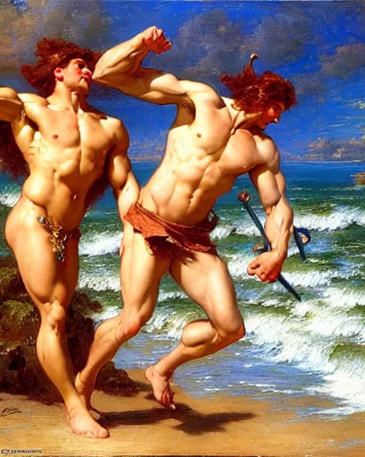 Prompt: muscular god neptune and muscular poseidon frolicking on the shore, painting by gaston bussiere, craig mullins, j. c. leyendecker,