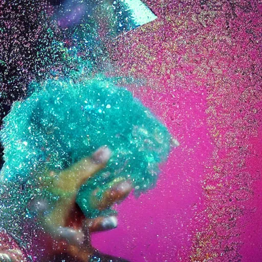 Image similar to glitter and painting mixing underwater turbulence, macro-photography, slow-motion capture