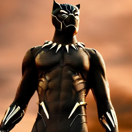 Image similar to a close up photo of a detailed golden statue of Black Panther, 8K,