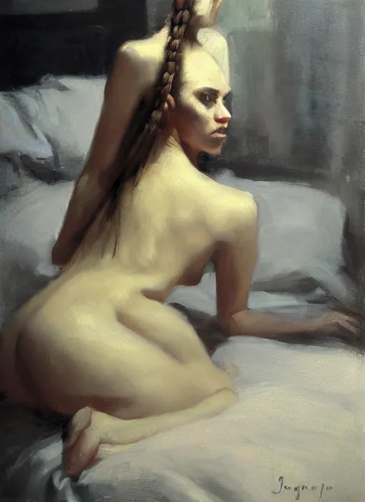 Prompt: beautiful portrait painting of a woman with a ponytail posing in an artistic pose over a bed, by jeremy mann, only one head single portrait