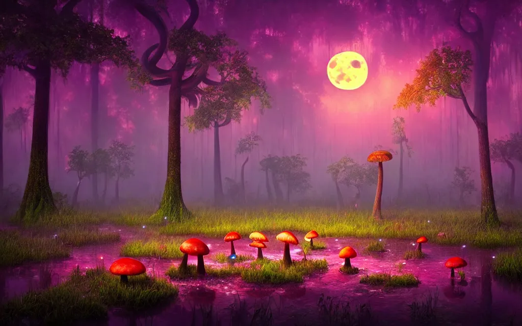 Image similar to a misty swamp with many colorful giant mushrooms, at night, fireflies!, full moon!, many trees!, beautiful lighting, fantasy colors, vivid colors!, highly detailed, octane render, 4 k, trending on artstation