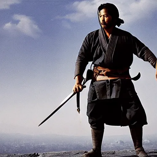 Image similar to handsome and strong kurdish samurai wielding a katana in a movie directed by christopher nolan, movie still frame, promotional image, imax 7 0 mm footage, perfect symmetrical facial features