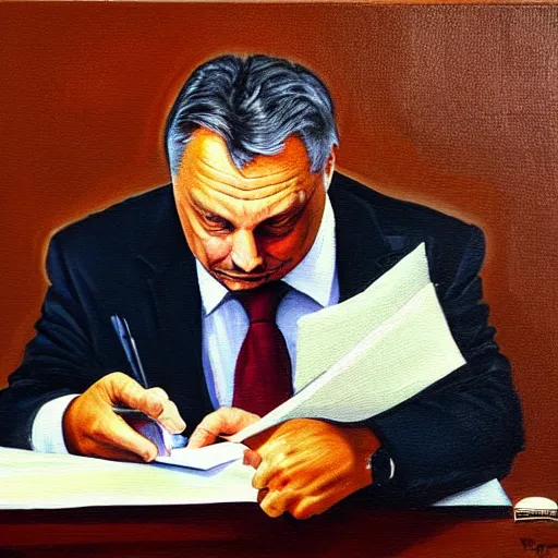 Image similar to viktor orban doing his taxes in a cubicle, oil painting