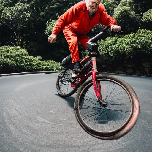 Image similar to elderly man riding a bike in a lava flow, wheelie, stunt, trick, volcano, eruption, magma, lava, canon eos r 3, f / 1. 4, iso 2 0 0, 1 / 1 6 0 s, 8 k, raw, unedited, symmetrical balance, wide angle