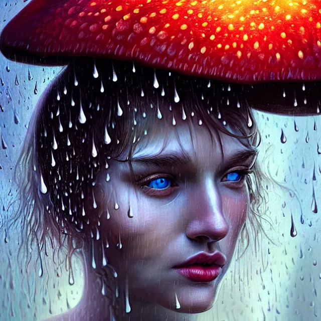 Image similar to bright portrait surreal mushrooms rain on face and wet hair, diffuse overhead lighting, fantasy, intricate, elegant, dramatic lighting, highly detailed, lifelike, photorealistic, digital painting, artstation, illustration, concept art, smooth, sharp focus, art by John Collier and Albert Aublet and Krenz Cushart and Artem Demura and Alphonse Mucha