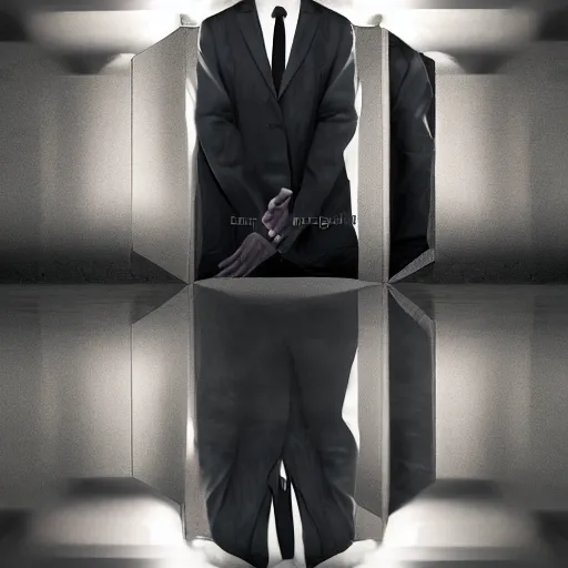 Image similar to endless reflections of a man in a mirror, dark suit, by sergey belik