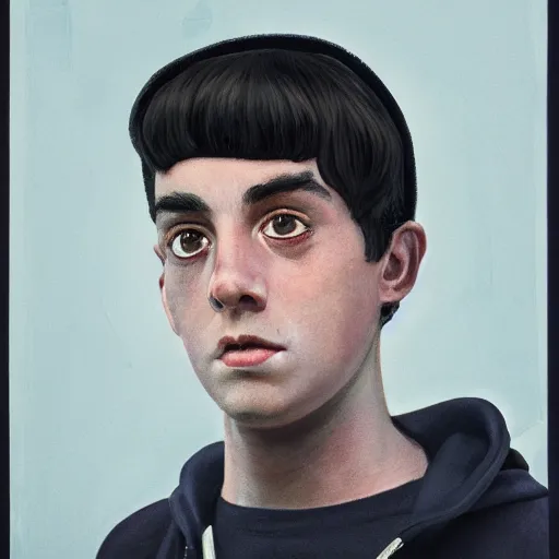 Image similar to a fine art portrait of a young man with black hair and an asymmetrical face. He has visible Bags under his eyes. He is wearing a high vis hoodie. In the style of Stanley Kubrick and Wes Anderson, Art directed by Edward Hopper.