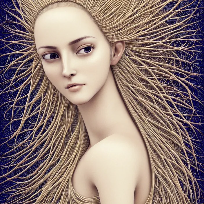Image similar to Portrait of a beautiful woman like a queen-roots-angel, dressed in long elegant intricate ornamental roots white dress, natural skin tone, intricate mandelbrot fractal highly detailed roots ornament in the upper side of breast, bust with a very long neck , hair are wired roots, elegant, highly detailed intricate roots ornament in her long hair, Realistic, Refined, Highly Detailed, natural lighting colors scheme, fine art photography by Flora Borsi, volumetric lighting, hyper realistic photography, 8k