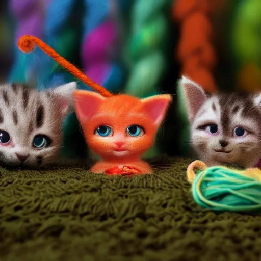 Prompt: miniature closeup of kittens playing with yarn, claymation, Pixar animation, visually stunning, 50mm, highly detauled, award-winning