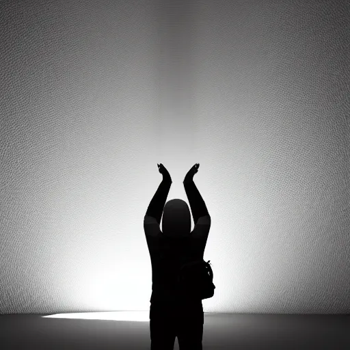 Image similar to a person standing in a dark room with their arms in the air, an ambient occlusion render by senior environment artist, deviantart, light and space, volumetric lighting, matte drawing, ambient occlusion