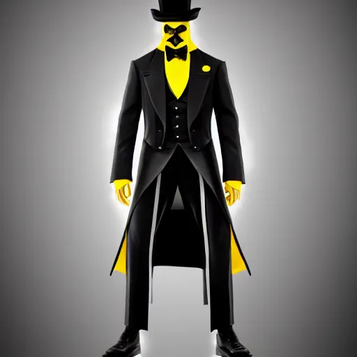 Image similar to a highly detailed portrait of a man in a high top hat covering his face, in a black tailcoat with a yellow waistcoat under the tailcoat, artstation, deviantart, professional, unreal engine 5, photorealistic