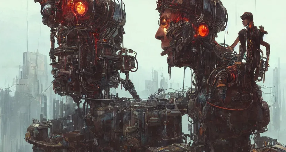 Image similar to a highly detailed epic cinematic concept art CG render digital painting artwork scene: retrofuturistic 1920s cyberpunk steampunk combustion engine forcibly sewn to a man's back. By Greg Rutkowski, Ilya Kuvshinov, WLOP, Stanley Artgerm Lau, Ruan Jia and Fenghua Zhong, trending on ArtStation, made in Maya, Blender and Photoshop, octane render, excellent composition, cinematic dystopian brutalist atmosphere, dynamic dramatic cinematic lighting, aesthetic, very inspirational, arthouse