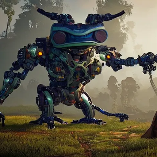 Image similar to a cybernetic robot frog from the game Horizon Zero Dawn. It is standing on all four of its legs.