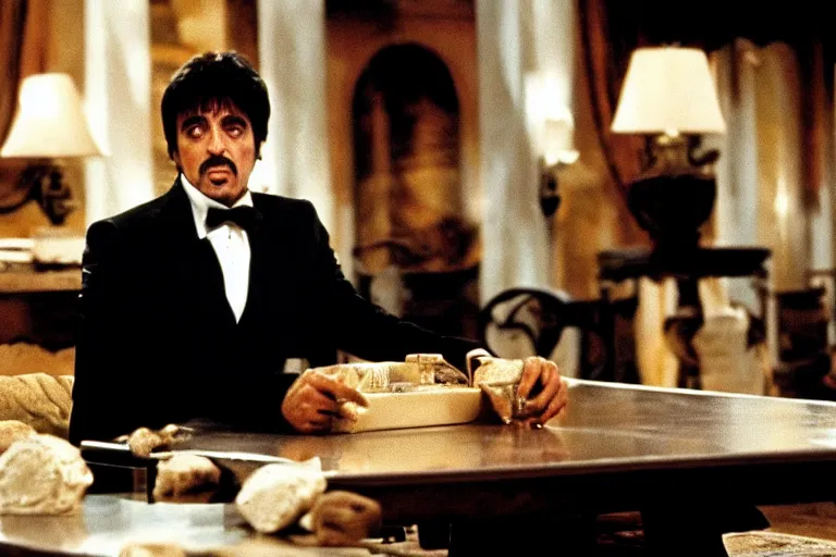 Image similar to tony montana from movie scarface 1 9 8 3 sitting behind a big black oak table with big large packages of flour. long shot. al pacino. perfect symmetric face, coherent eyes, fine details, 4 k, ron cobb. last scene from scarface movie