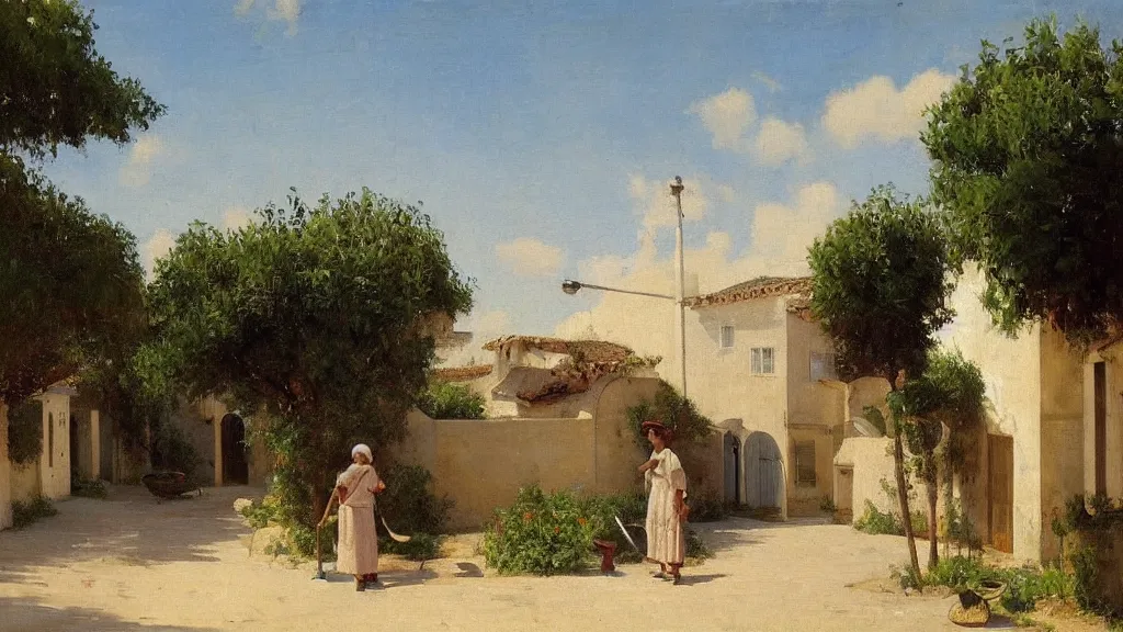 Image similar to a beautiful extremely complex painting of a street in a mediterranean village in summer by peter ilsted, whitewashed housed, tall cypress trees, blue shutters on windows, elderly woman sweeping the ground with a broom, national gallery of art highlights