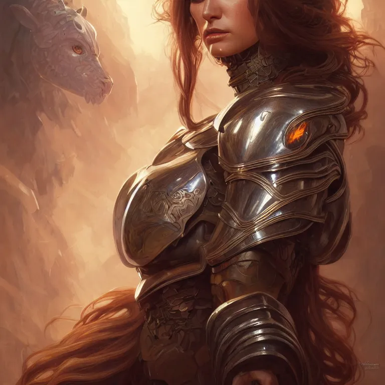 Image similar to Muscular and powerful medieval knight woman portrait, sci-fi, amber eyes, face, long hair, fantasy, intricate, elegant, highly detailed, digital painting, artstation, concept art, smooth, sharp focus, illustration, art by artgerm and greg rutkowski and alphonse mucha