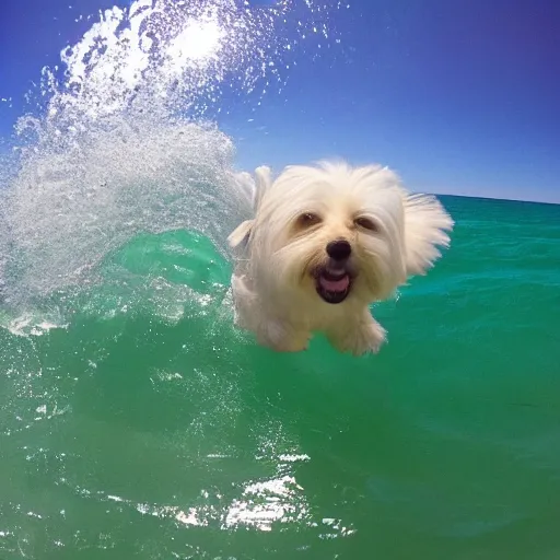 Image similar to a cream-colored havanese foil surfing, gopro photo, 4k