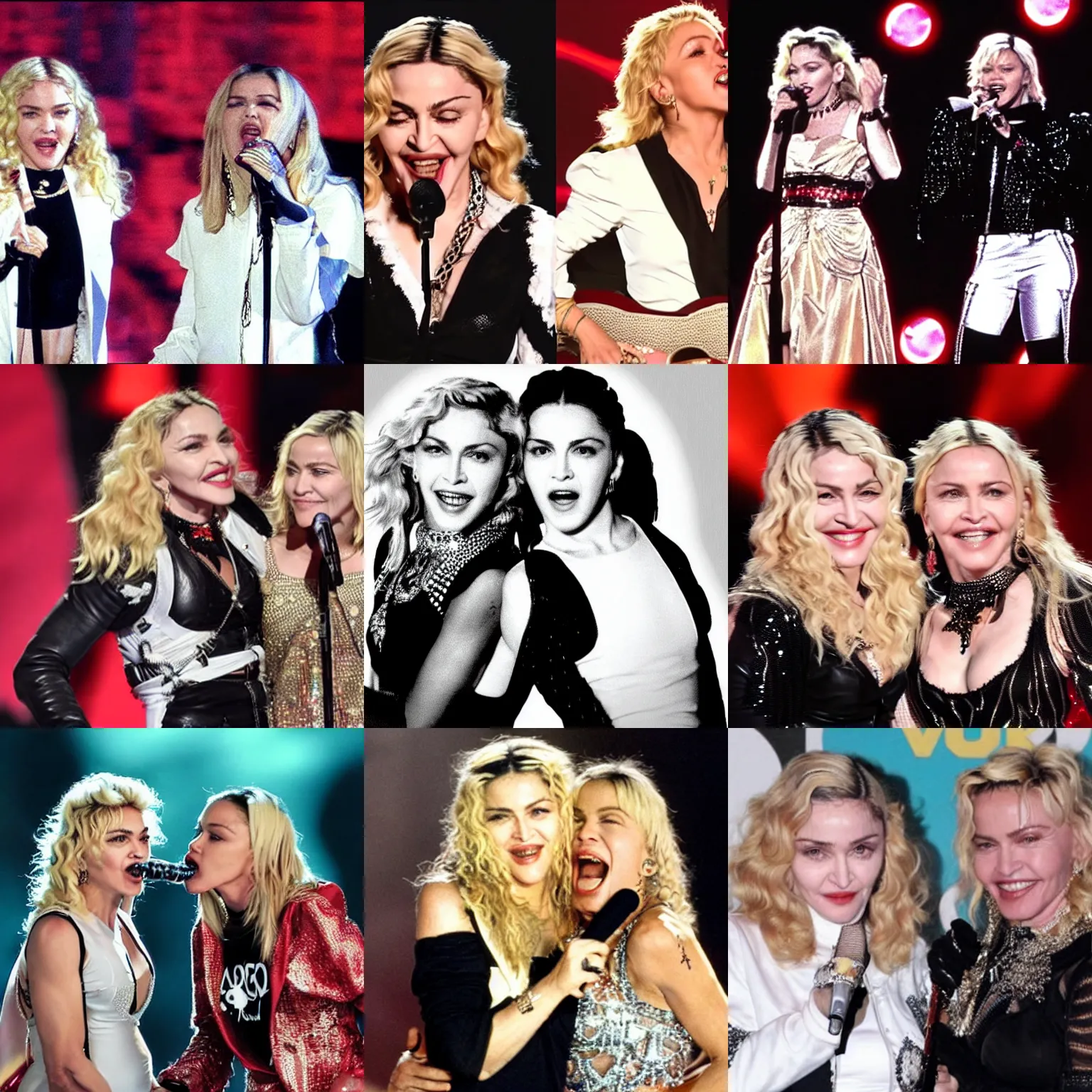 Prompt: Madonna and Xuxa singing together