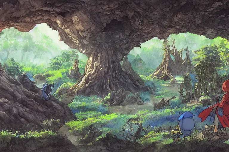 Image similar to land overtaken by nature, nausicaa, painting, giant fantasy animals, watercolor, concept art, studio ghibli, by hayao miyazaki