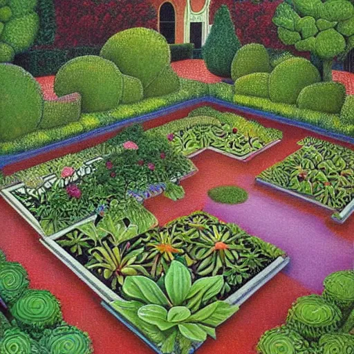 Prompt: intricate garden, painting by mc escher