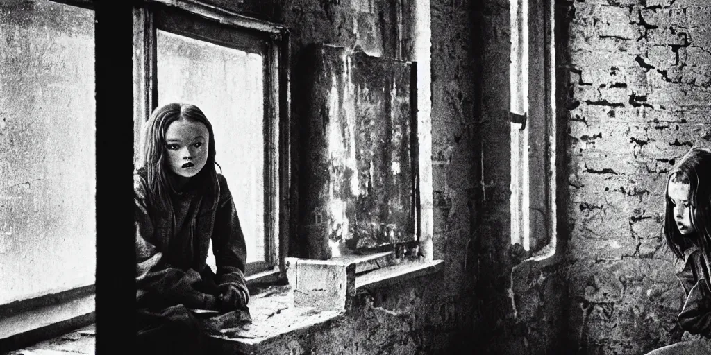 Prompt: at night, sadie sink in hoodie sits on windowsill, knees tucked in | rain falls, old brick wall with ussr propaganda posters : imax b & w film stock, anamorphic, single long shot from schindler's list by steven spielberg. cyberpunk, photorealistic, cinematic atmosphere, detailed and intricate, perfect anatomy