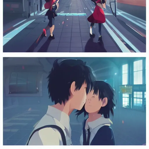 Image similar to a couple meeting up at a trainstation, running at each other with open arms, in the style of Kimi no Na wa. cgsociety masterpiece, artstation trending, by rossdraws, ghibli, your name, greg rutkowski