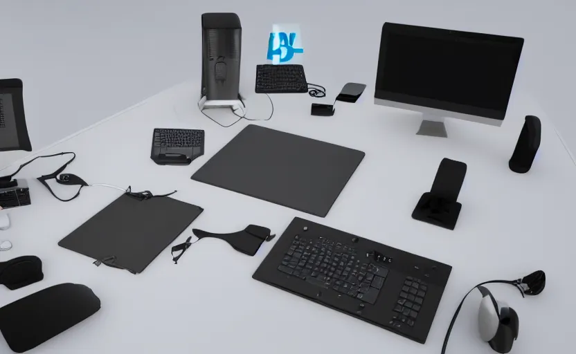 Prompt: 3d rendering computer office with way too many peripherals and accessories