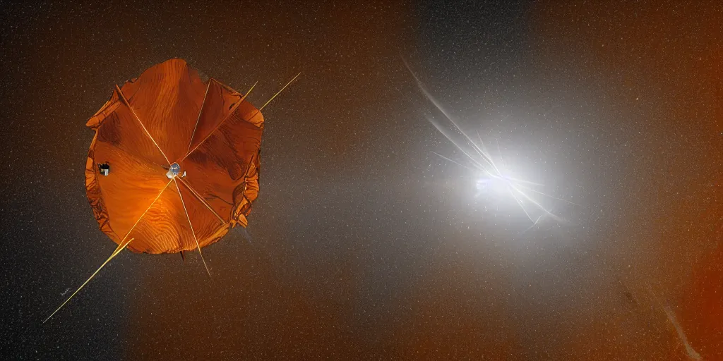 Image similar to medium close up of a solar sail probe entering a solar system carrying a dead alien. The probe is from an isolated star in a thick dust cloud, UE5, 8K, 4K