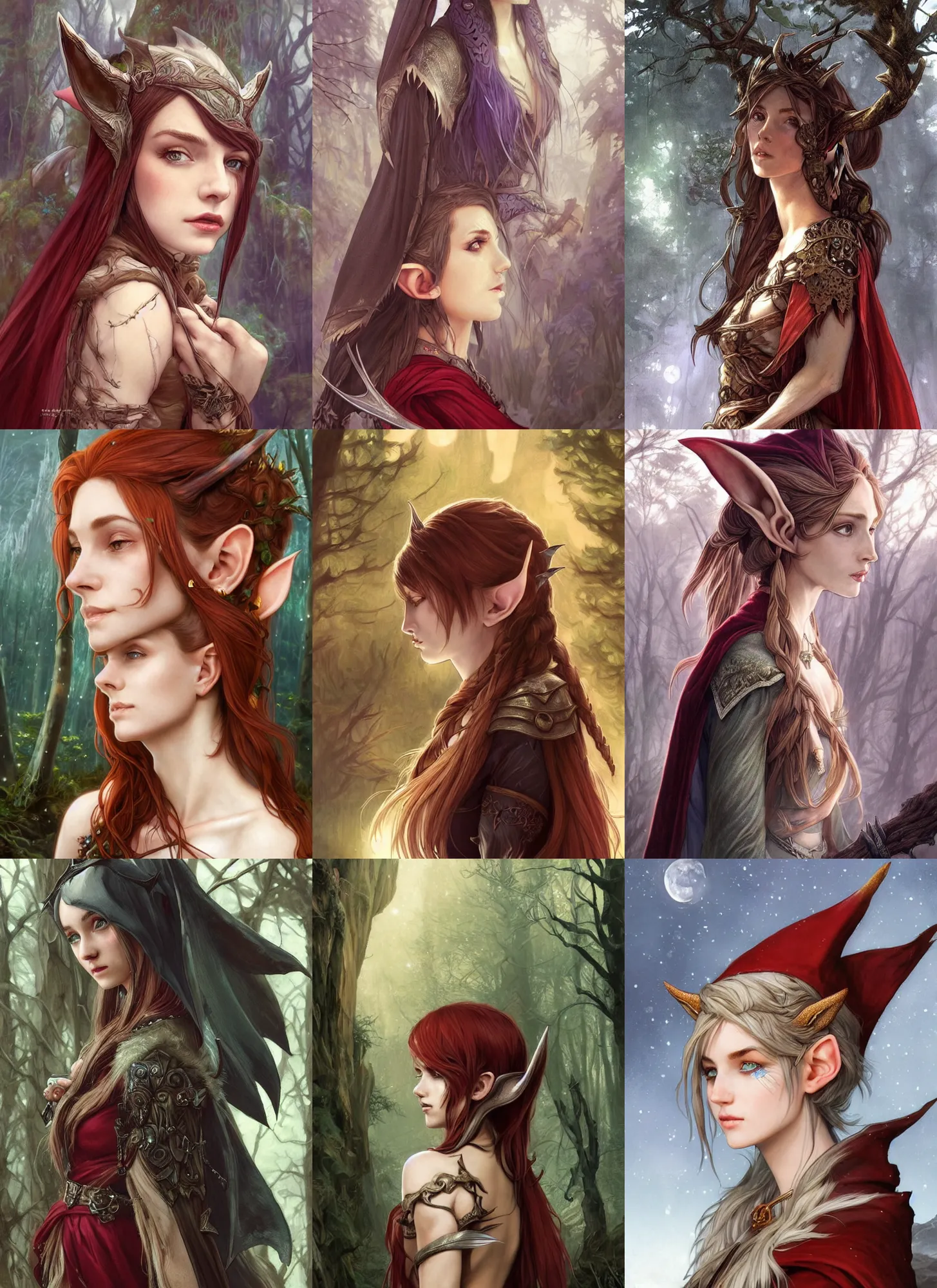 Prompt: side portrait high-fantasy elf girl with detailed pointed sharp long ears, adventurer outfit large cloak, fantasy forest landscape, moonshine, fantasy magic, feathery red hair, dark light night, intricate, elegant, sharp focus, illustration, highly detailed, digital painting, concept art, matte, art by WLOP and Artgerm and Greg Rutkowski and Alphonse Mucha, masterpiece