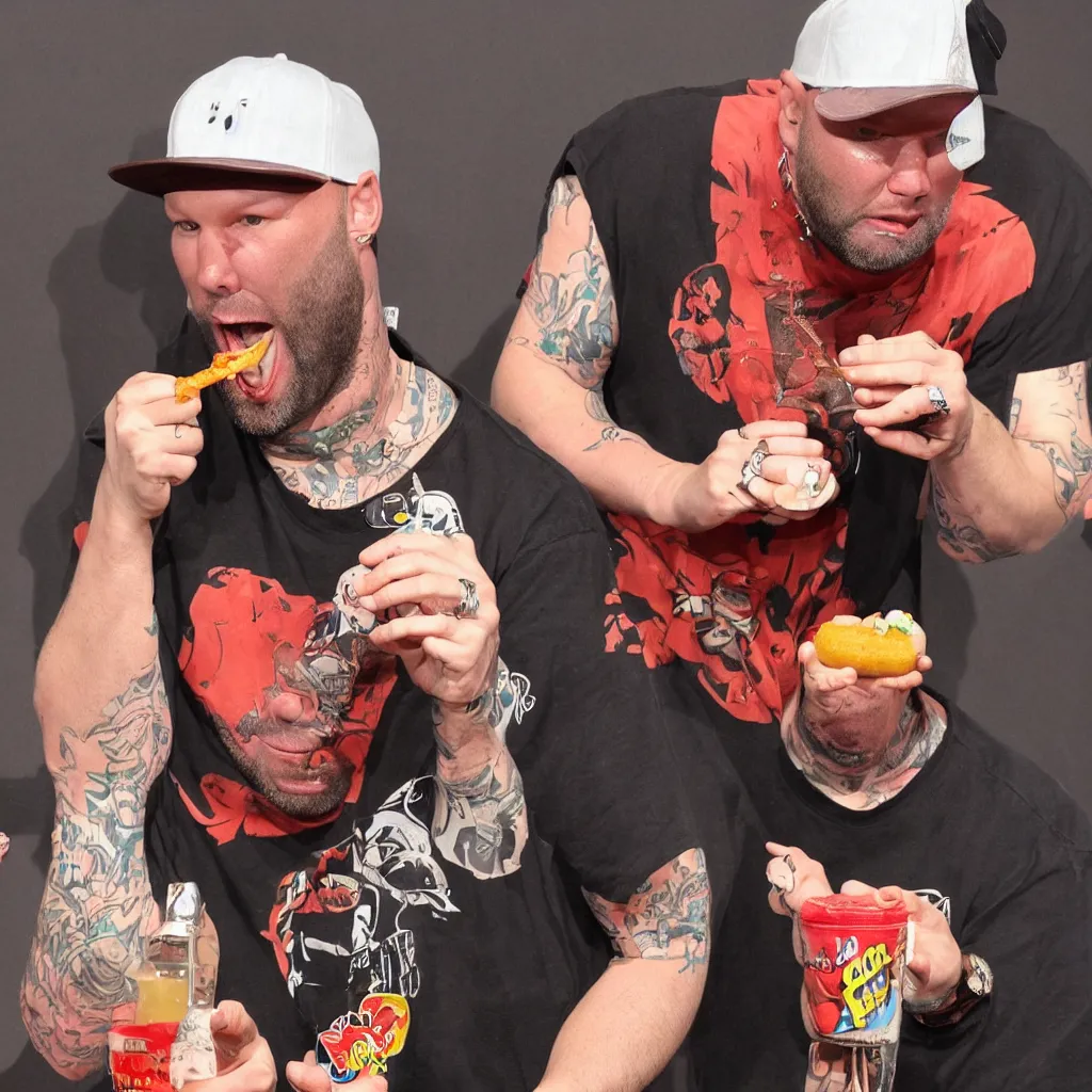 Prompt: Fred Durst eating a chocolate starfish and drinking hotdog flavoured water
