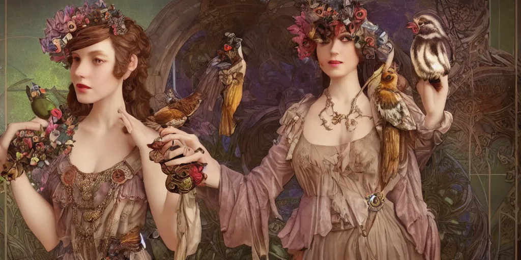 Image similar to face 3 d render of english princess holding birds, ornaments, mucha vibe, dieselpunk, solarpunk, artstation