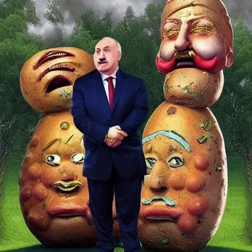 Image similar to mildly epic portrait of lukashenko as the god of potatoes, creator of despair