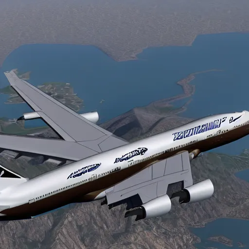 Image similar to boeing 7 4 7, weaponized, air to air missiles, minigun, military livery, combat ready