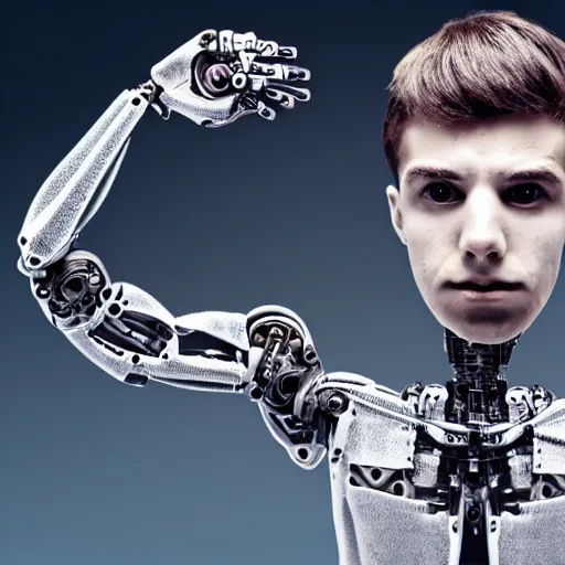 Image similar to a young man with robot arms frightened for humanity