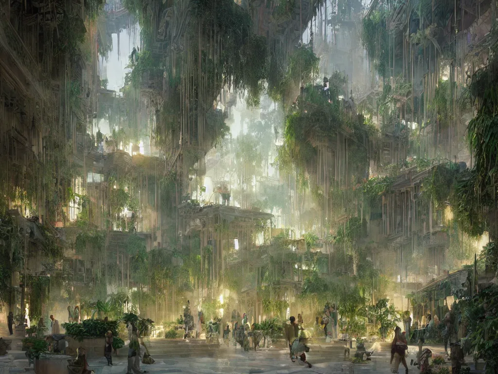 Image similar to the antique green city of babylon with its wonderful hanging gardens at dawn, intricate, elegant, volumetric lighting, digital painting, highly detailed, artstation, sharp focus, illustration, concept art, ruan jia, steve mccurry