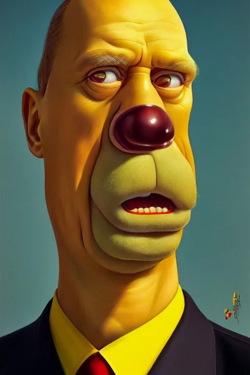 Image similar to vladimir putin as a yellow funny homer simpson, realistic portrait, symmetrical, highly detailed, digital painting, artstation, concept art, smooth, sharp focus, illustration, cinematic lighting, art by artgerm and greg rutkowski and alphonse mucha