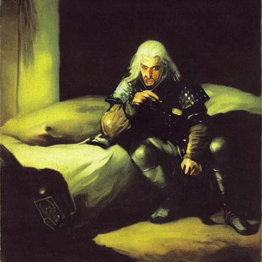 Prompt: Francisco Goya painting of Geralt of Rivia (The Witcher) lounging in his bedroom, candlelit, dramatic