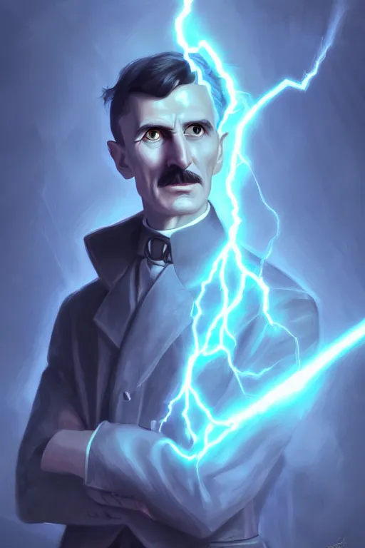 Image similar to nikola tesla, lightning, portrait, sharp focus, fantasy, digital art, concept art, dynamic lighting, epic composition, trending on artstation, by emylie boivin 2. 0, rossdraws 2. 0