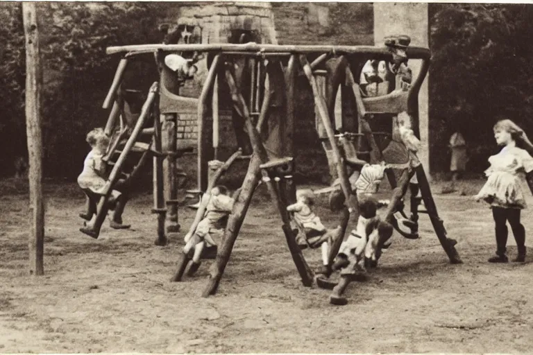 Prompt: a very old photo of kids having fun at playground in medieval times