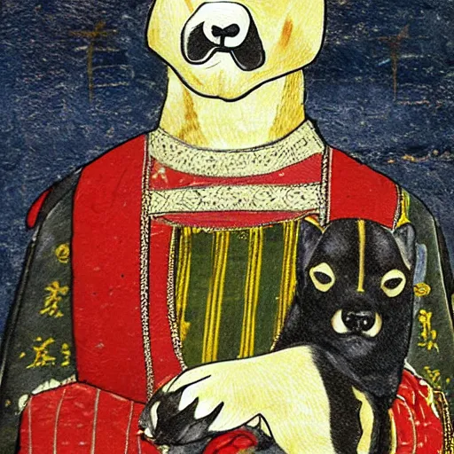 Image similar to potrait of shiba inu dog dressed as a king, medieval painting