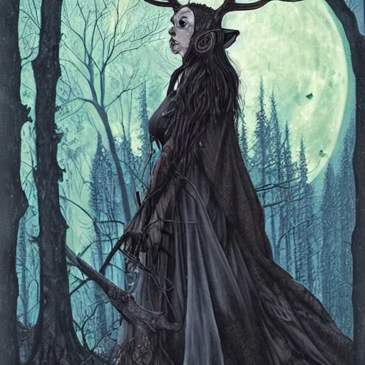 Image similar to an epic horrific wiccan gothic painting of a mother - nature witch cult woman wearing a deer skull, in a moonlit forest by gerald brom by junji ito by vanessa lemen by charlie bowater