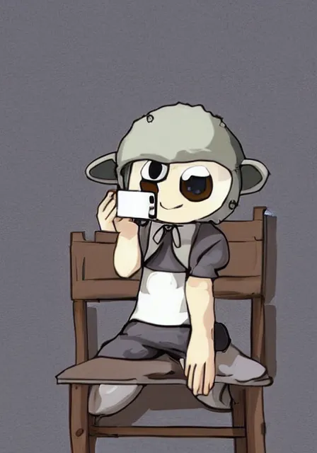 Prompt: beautiful little boy wearing sheep suit using a smartphone while sitting on chair, gray, blue, green and brown pallet color. made in abyss art style, inspired in kris from deltarrune, cute detailed artwork, anatomically correct, soft details,, reflection