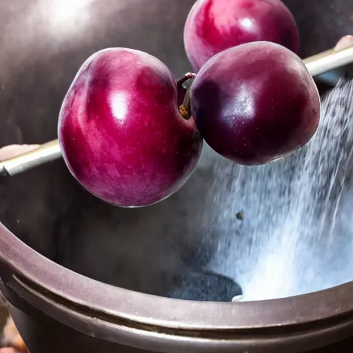Prompt: a large plum being thrown into a meat grinder, realistic photograph, 4 k, hd